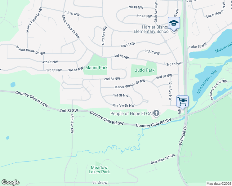 map of restaurants, bars, coffee shops, grocery stores, and more near 4305 1st Street Northwest in Rochester