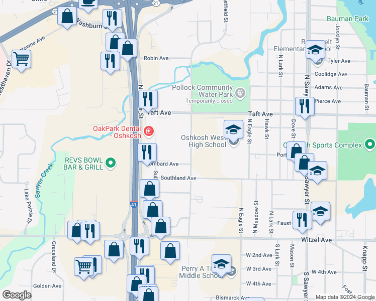 map of restaurants, bars, coffee shops, grocery stores, and more near 455 North Westfield Street in Oshkosh