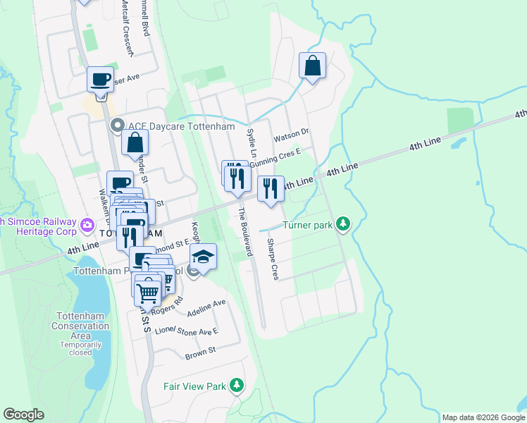 map of restaurants, bars, coffee shops, grocery stores, and more near 77 Mill Street East in New Tecumseth