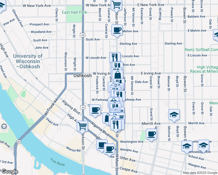 map of restaurants, bars, coffee shops, grocery stores, and more near 645 Division Street in Oshkosh
