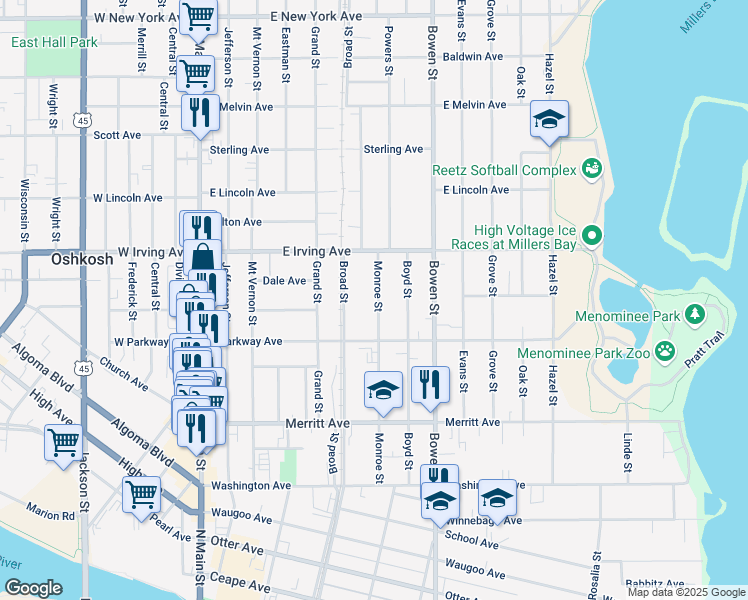 map of restaurants, bars, coffee shops, grocery stores, and more near 645 Monroe Street in Oshkosh