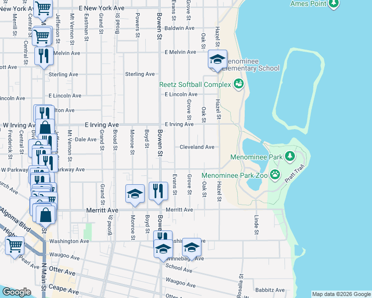 map of restaurants, bars, coffee shops, grocery stores, and more near 645 Cleveland Avenue in Oshkosh