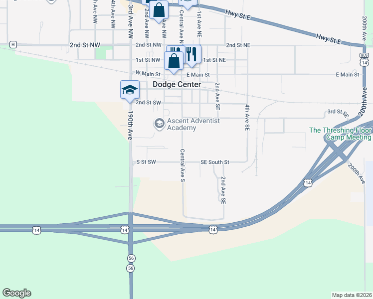 map of restaurants, bars, coffee shops, grocery stores, and more near 502 Central Avenue South in Dodge Center