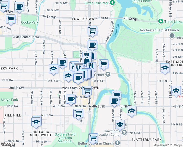 map of restaurants, bars, coffee shops, grocery stores, and more near 2 South Broadway in Rochester