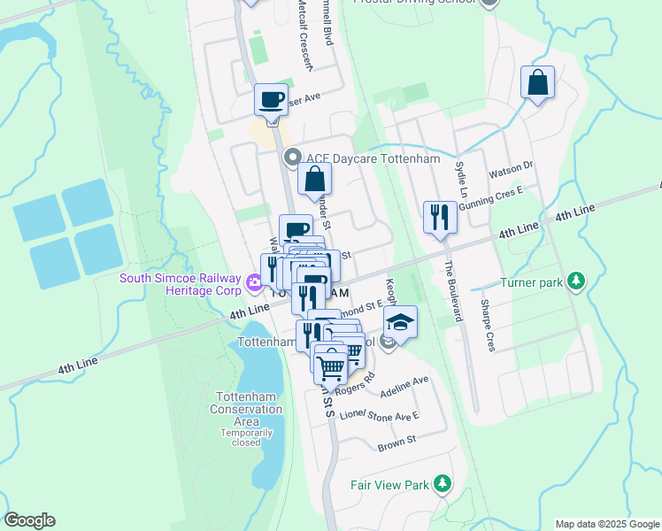 map of restaurants, bars, coffee shops, grocery stores, and more near 11 Wilson Street in New Tecumseth