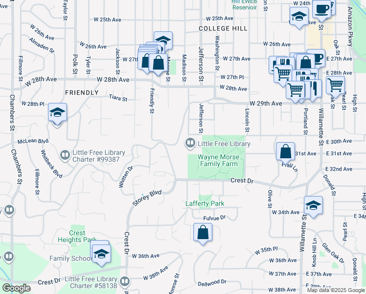 map of restaurants, bars, coffee shops, grocery stores, and more near 786 Lorane Highway in Eugene