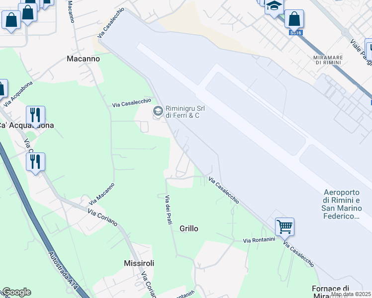 map of restaurants, bars, coffee shops, grocery stores, and more near 24 Via Casalecchio in Rimini