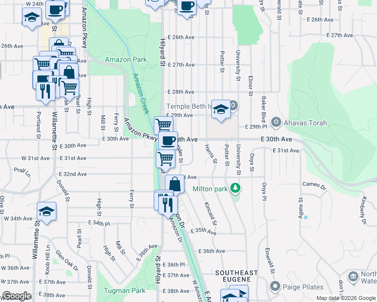 map of restaurants, bars, coffee shops, grocery stores, and more near 3040 Kincaid Street in Eugene