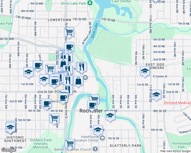 map of restaurants, bars, coffee shops, grocery stores, and more near 399 E Center St in Rochester