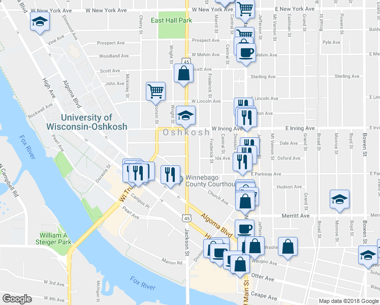 map of restaurants, bars, coffee shops, grocery stores, and more near 608 Jackson Street in Oshkosh