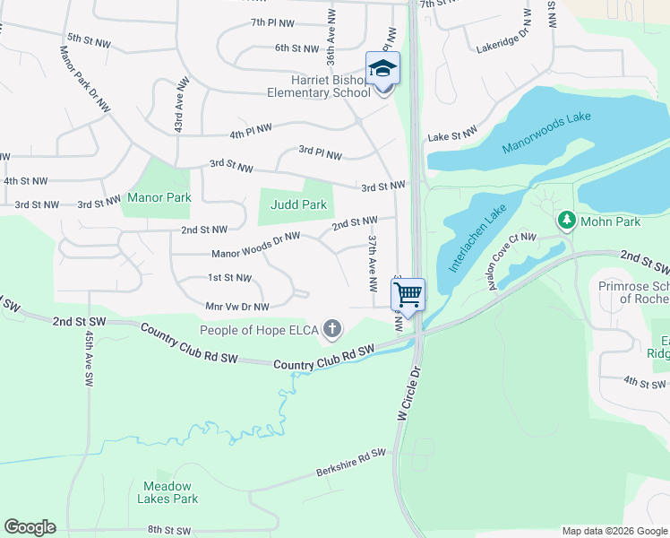 map of restaurants, bars, coffee shops, grocery stores, and more near 3764 Manor Woods Drive Northwest in Rochester