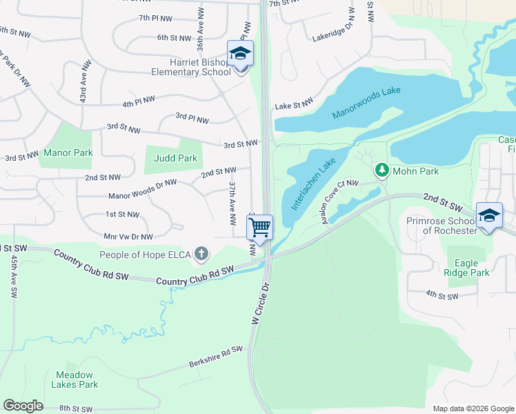 map of restaurants, bars, coffee shops, grocery stores, and more near 144 36th Avenue Northwest in Rochester