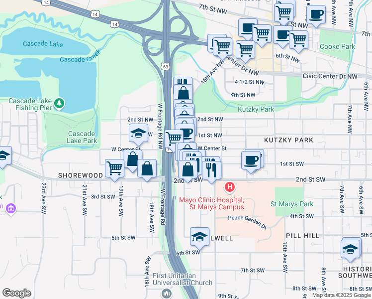 map of restaurants, bars, coffee shops, grocery stores, and more near 1610 West Center Street in Rochester