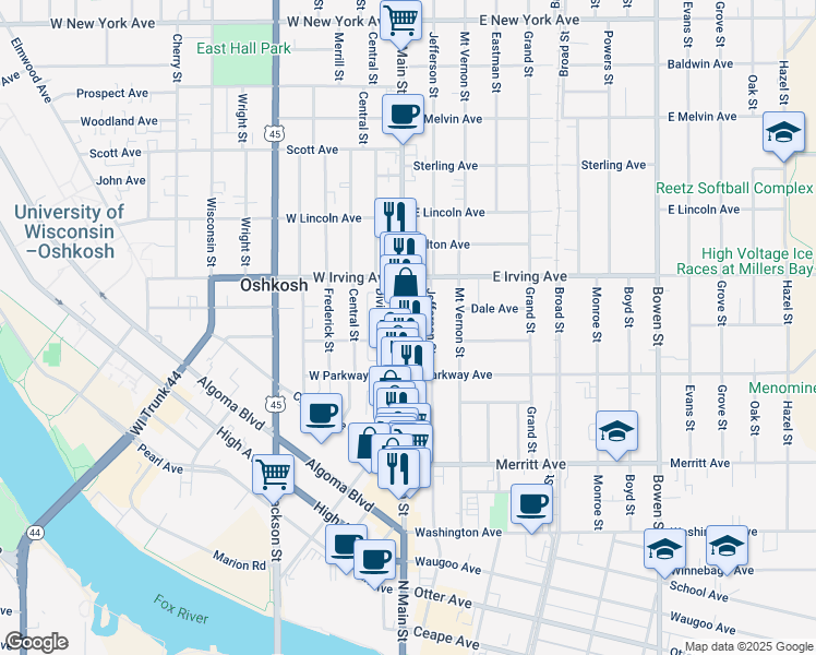 map of restaurants, bars, coffee shops, grocery stores, and more near 630 North Main Street in Oshkosh