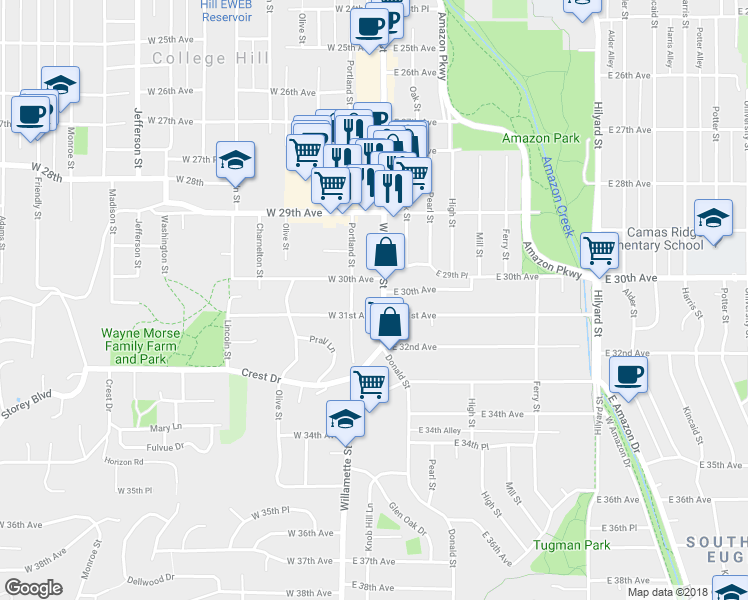 map of restaurants, bars, coffee shops, grocery stores, and more near 3030 Willamette Street in Eugene