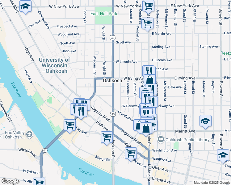map of restaurants, bars, coffee shops, grocery stores, and more near 608 Jackson Street in Oshkosh