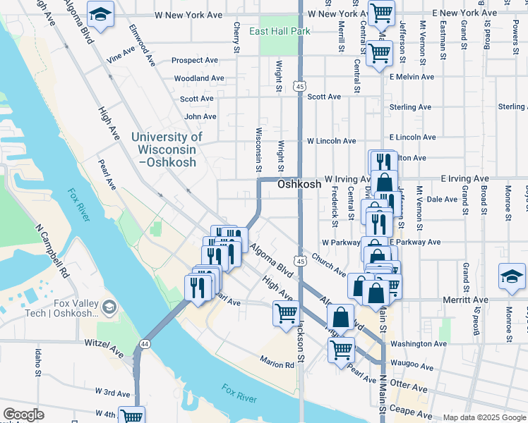 map of restaurants, bars, coffee shops, grocery stores, and more near 526 Church Avenue in Oshkosh