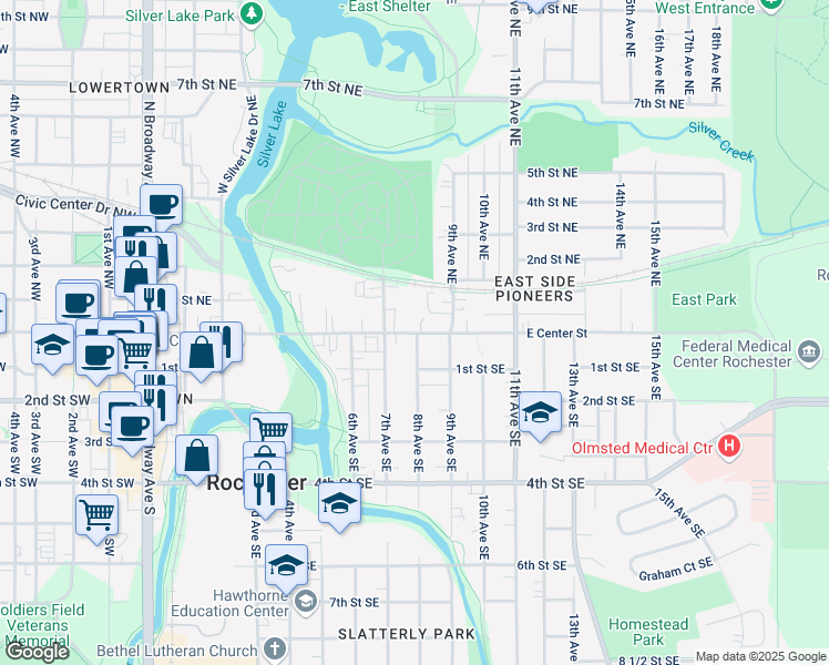 map of restaurants, bars, coffee shops, grocery stores, and more near 803 East Center Street in Rochester