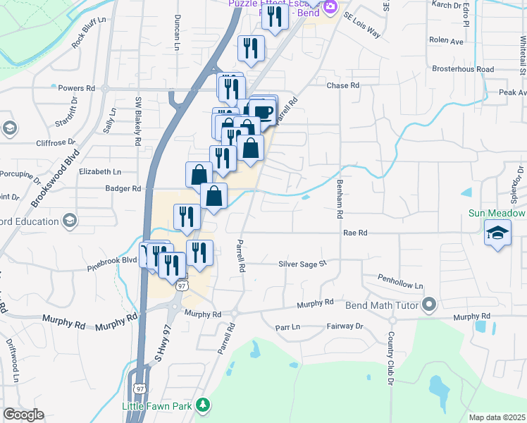 map of restaurants, bars, coffee shops, grocery stores, and more near Narnia Place in Bend