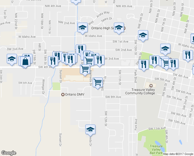 map of restaurants, bars, coffee shops, grocery stores, and more near 1252 Southwest 5th Avenue in Ontario