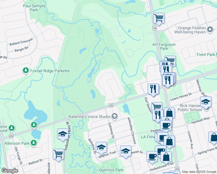 map of restaurants, bars, coffee shops, grocery stores, and more near 58 Rush Road in Aurora