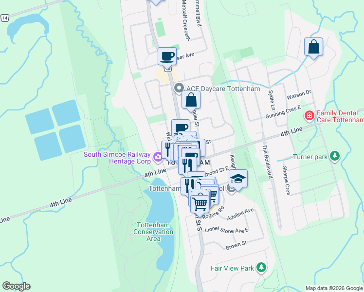 map of restaurants, bars, coffee shops, grocery stores, and more near 28 Queen Street North in New Tecumseth