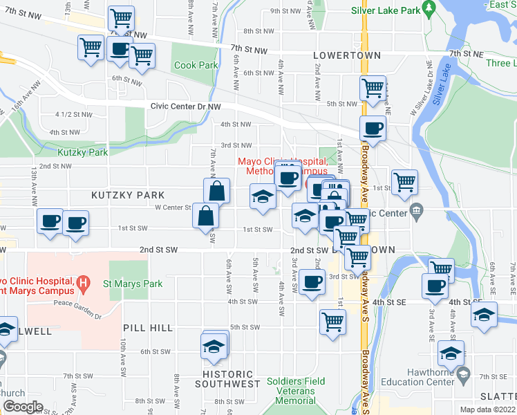 map of restaurants, bars, coffee shops, grocery stores, and more near 2 5th Avenue Northwest in Rochester