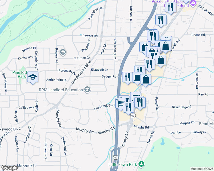 map of restaurants, bars, coffee shops, grocery stores, and more near 61236 Brittle Bush Street in Bend