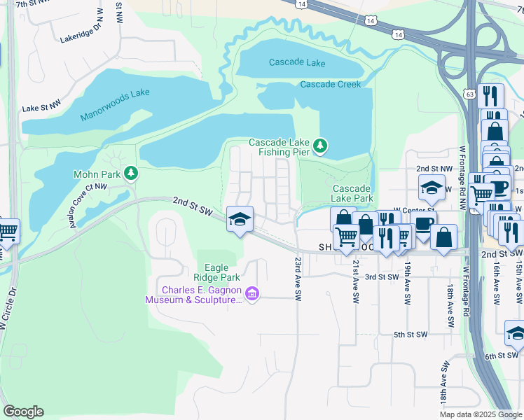 map of restaurants, bars, coffee shops, grocery stores, and more near 163 Grande Woods Avenue Southwest in Rochester