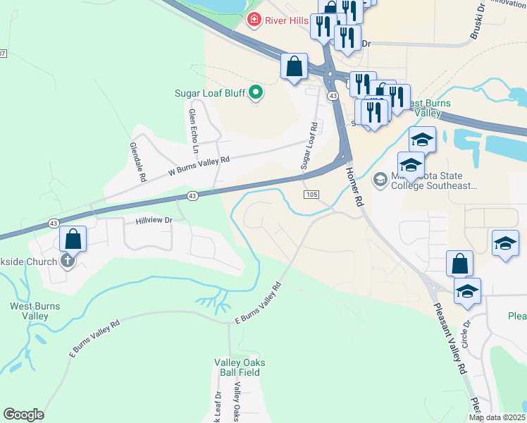 map of restaurants, bars, coffee shops, grocery stores, and more near 900 Birch Boulevard in Winona