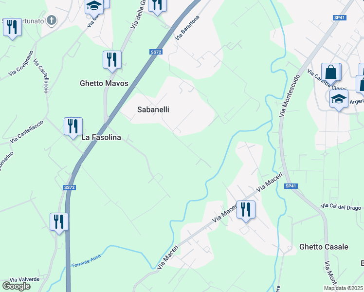 map of restaurants, bars, coffee shops, grocery stores, and more near 41A Via Sabanelle in Rimini