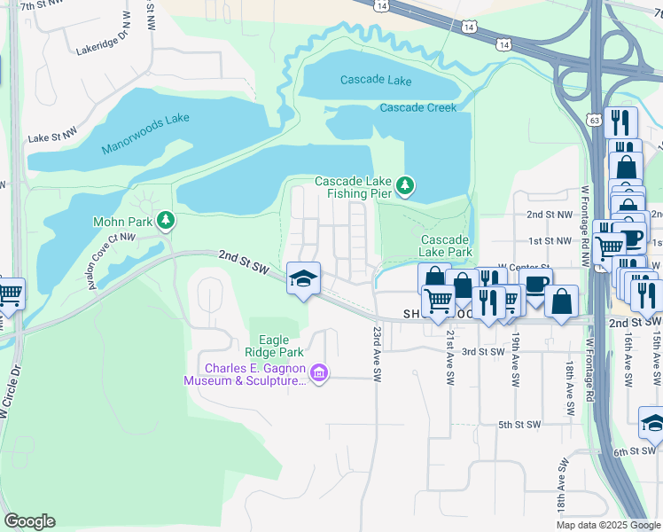 map of restaurants, bars, coffee shops, grocery stores, and more near 182 Grandeville Road Southwest in Rochester