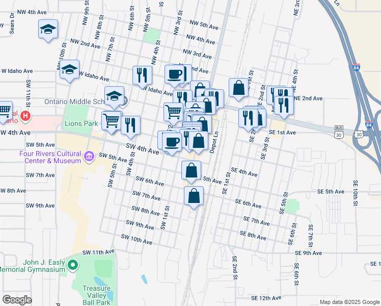 map of restaurants, bars, coffee shops, grocery stores, and more near 369 South Oregon Street in Ontario