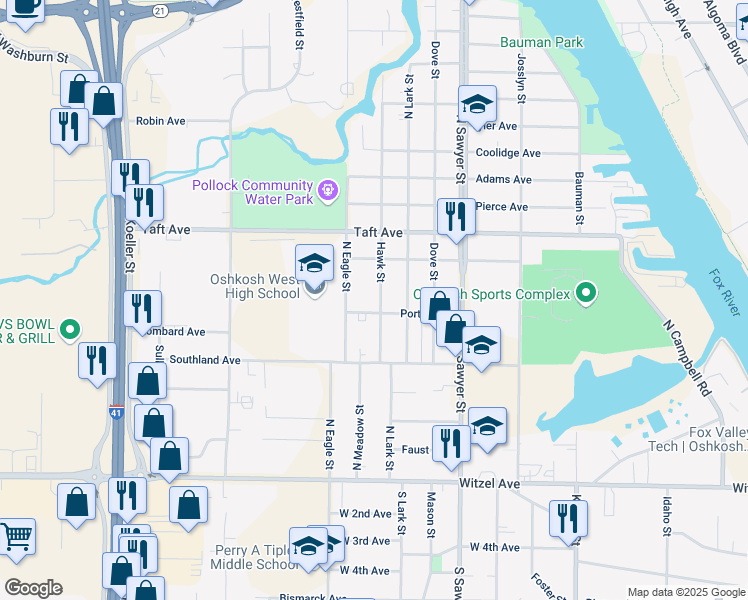 map of restaurants, bars, coffee shops, grocery stores, and more near 422 Hawk Street in Oshkosh