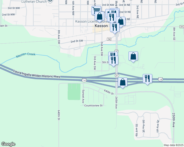 map of restaurants, bars, coffee shops, grocery stores, and more near 300 6th Street Southwest in Kasson