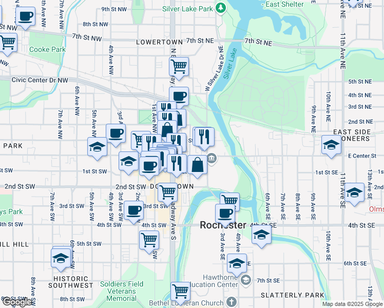 map of restaurants, bars, coffee shops, grocery stores, and more near 101 East Center Street in Rochester