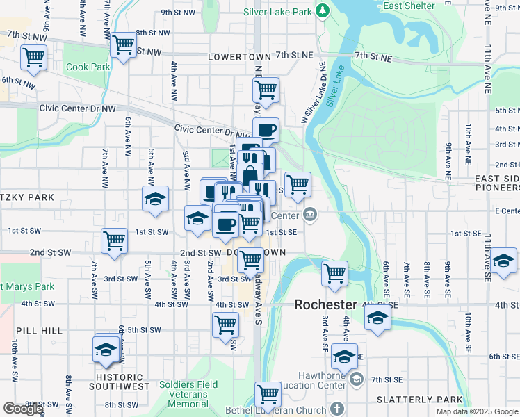 map of restaurants, bars, coffee shops, grocery stores, and more near 14 Broadway Avenue South in Rochester