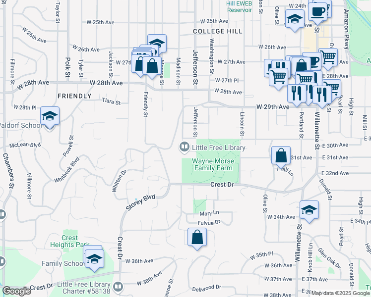 map of restaurants, bars, coffee shops, grocery stores, and more near 695 West 31st Avenue in Eugene
