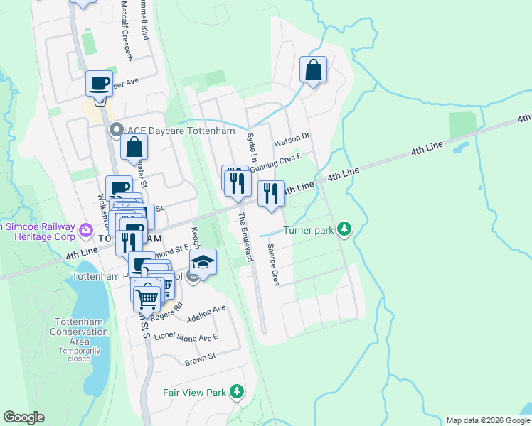 map of restaurants, bars, coffee shops, grocery stores, and more near 77 Mill Street East in New Tecumseth
