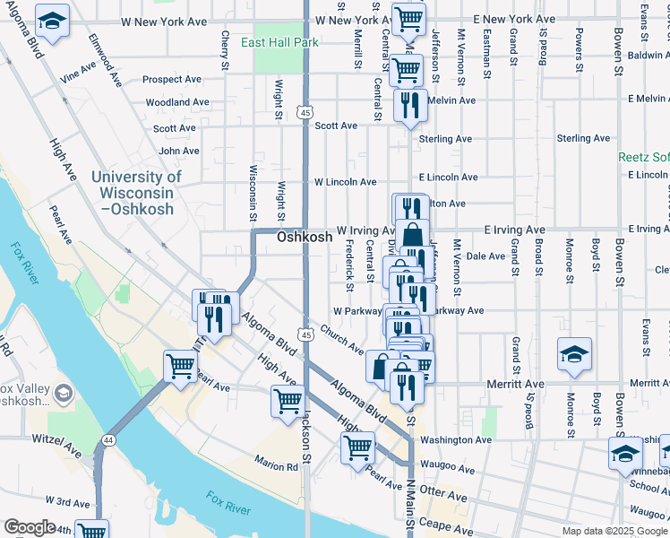 map of restaurants, bars, coffee shops, grocery stores, and more near 645 Frederick Street in Oshkosh