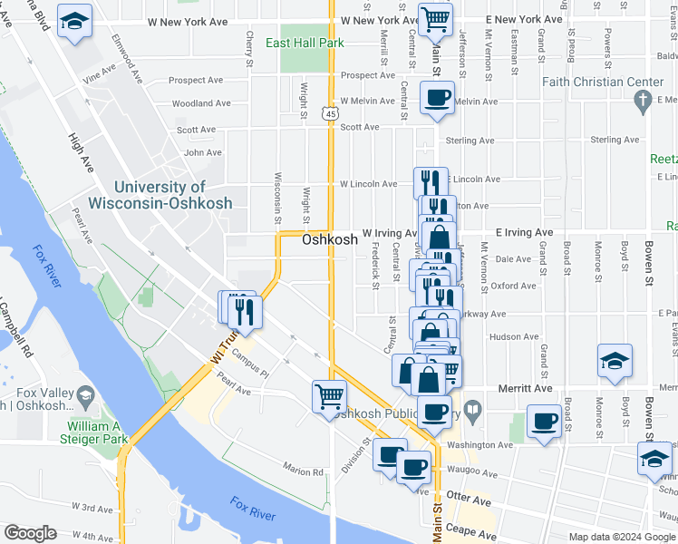 map of restaurants, bars, coffee shops, grocery stores, and more near 608 Jackson Street in Oshkosh
