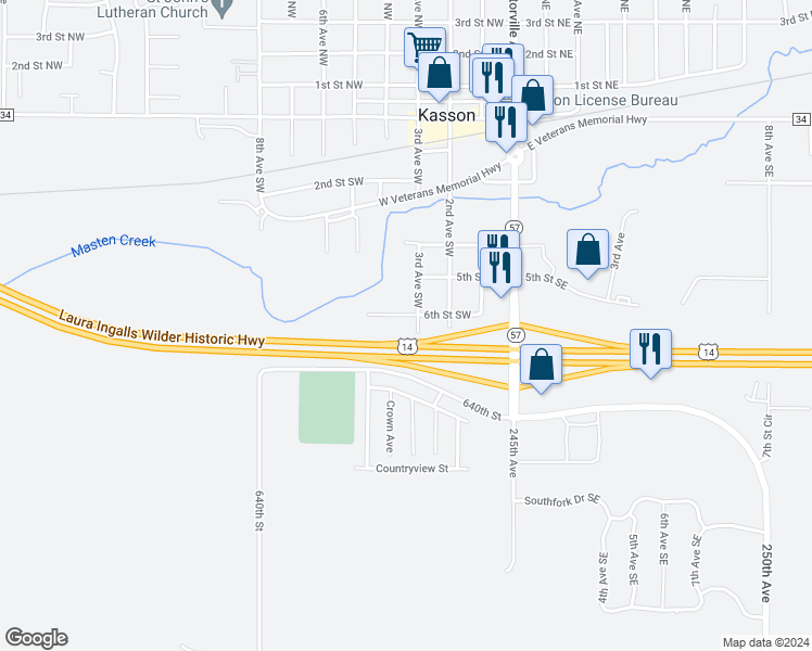 map of restaurants, bars, coffee shops, grocery stores, and more near 300 6th Street Southwest in Kasson