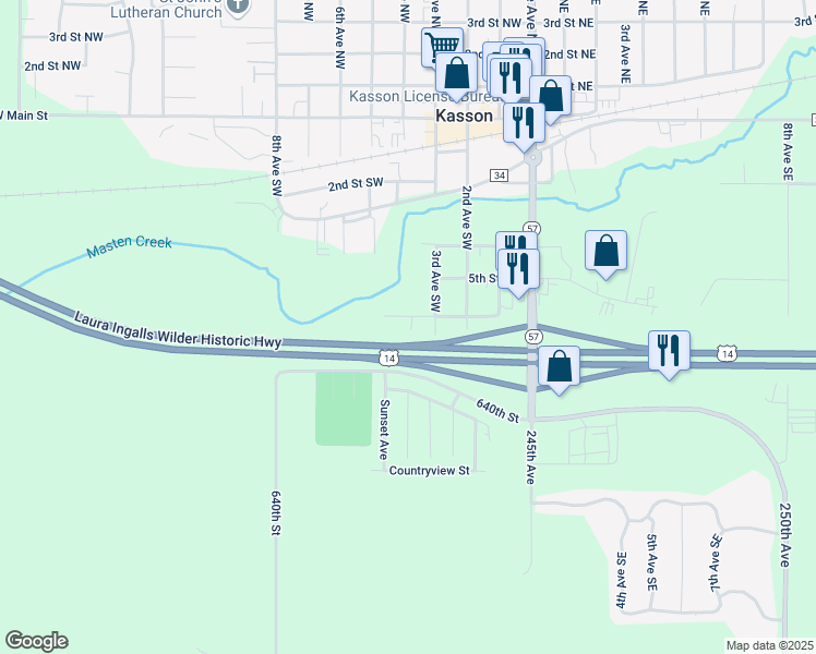 map of restaurants, bars, coffee shops, grocery stores, and more near 300 6th Street Southwest in Kasson