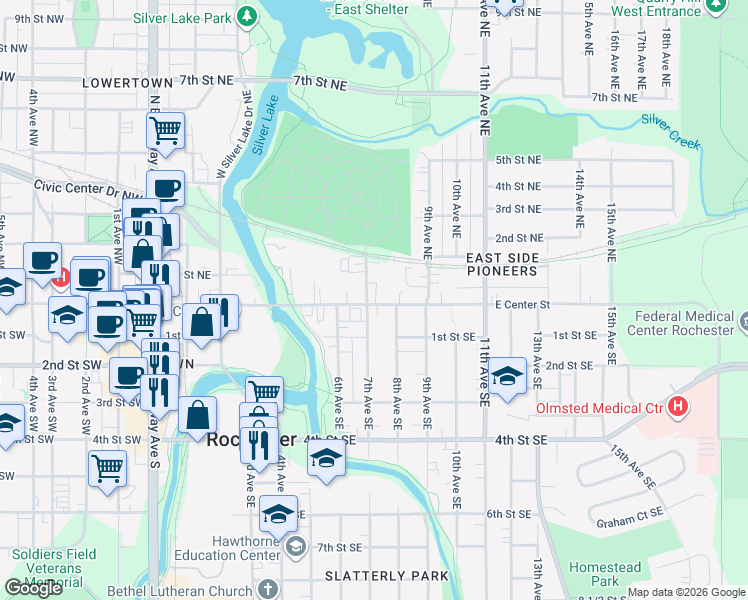 map of restaurants, bars, coffee shops, grocery stores, and more near in Rochester