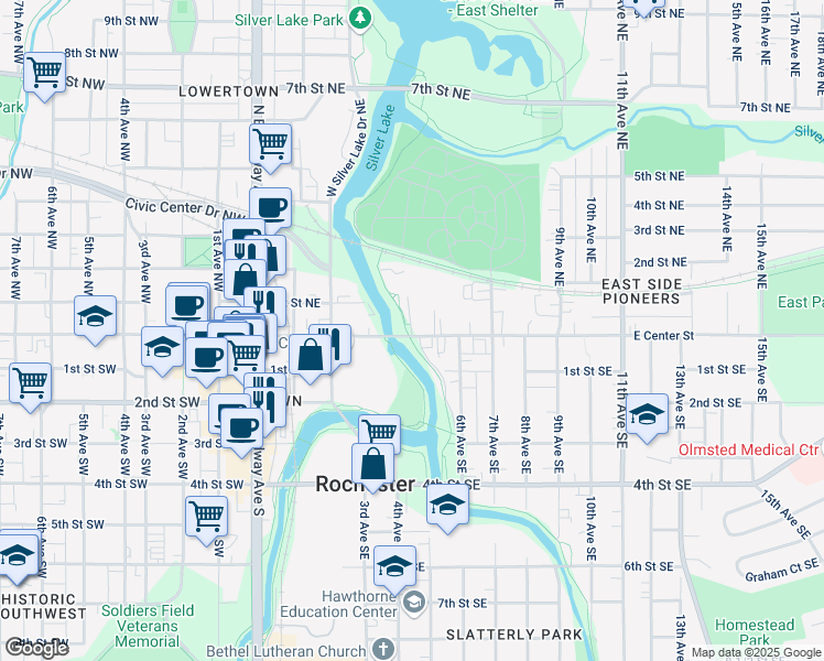 map of restaurants, bars, coffee shops, grocery stores, and more near in Rochester