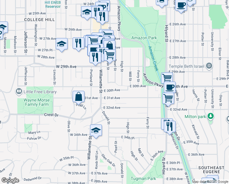 map of restaurants, bars, coffee shops, grocery stores, and more near 210 East 30th Avenue in Eugene