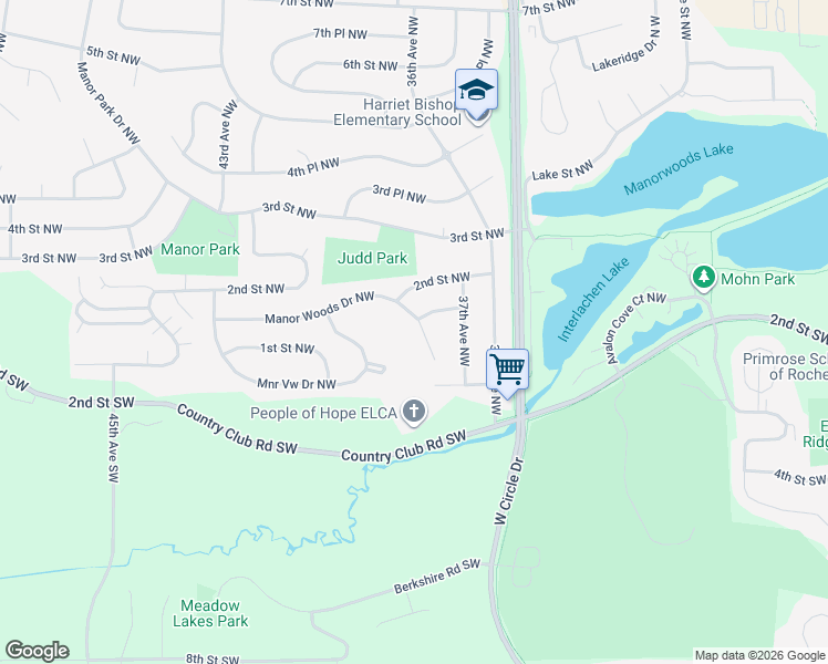 map of restaurants, bars, coffee shops, grocery stores, and more near 3764 Manor Woods Drive Northwest in Rochester