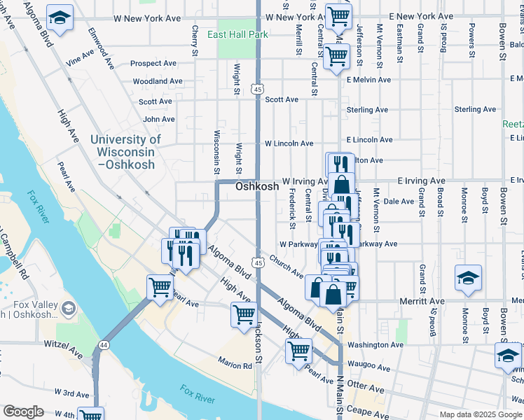 map of restaurants, bars, coffee shops, grocery stores, and more near 612 Jackson Street in Oshkosh