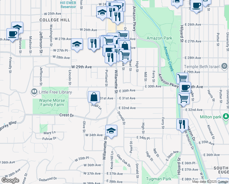 map of restaurants, bars, coffee shops, grocery stores, and more near 3012 Willamette Street in Eugene