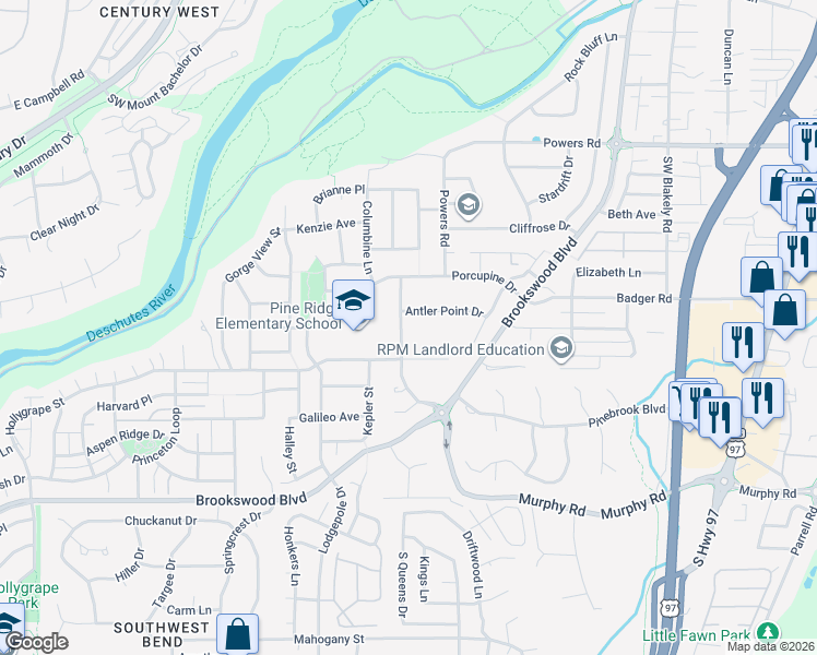 map of restaurants, bars, coffee shops, grocery stores, and more near 19880 Hollygrape Street in Bend